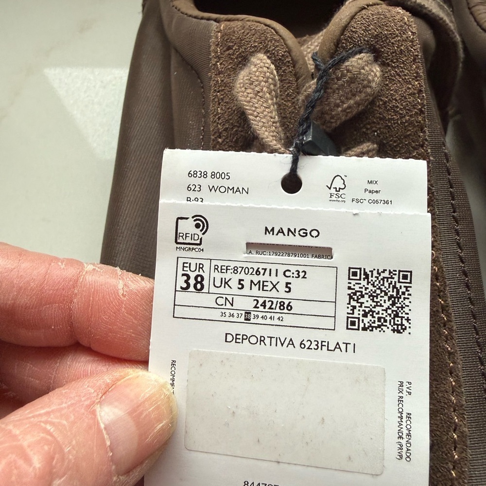 Mango Mixed Media Sneaker Brown Suede & Fabric Lace-Up new with tag - Picture 3 of 8